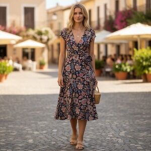Boden sz 10 floral stretch short sleeve wrap dress knee length L